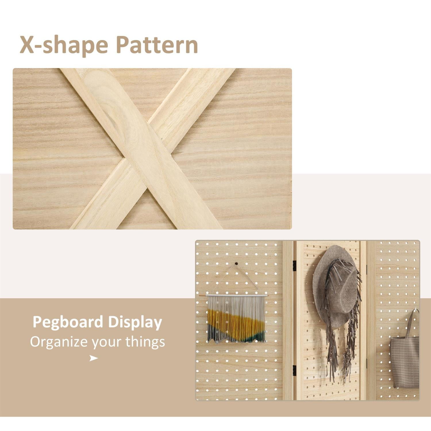 Demi Bonn 4.7ft Wood Room Divider with Pegboard Display, 3 Panel Folding Privacy Screen for Home Office Space, Natural Wood Look and Feel, Beige