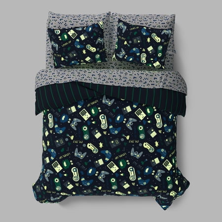 MAINSTAYS KIDS GLOW IN THE DARK GAMER REVERSIBLE COMFORTER SET WITH SHEETS, FULL, 7 PIECES