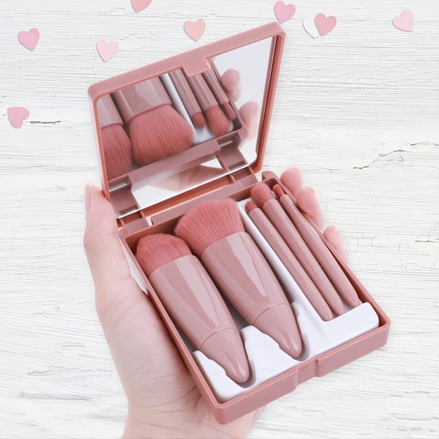 5pcs Complete Travel Makeup Brush Set with Mirror - Easy to Take and Use - Mini Cosmetic Brushes for Perfect Application