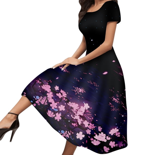 Gibobby Vestidos para Mujer Vestido casual de manga corta con cuello redondo y estampado de flores sexy y elegante a la moda para mujer (1)(Rosa caliente,M)
