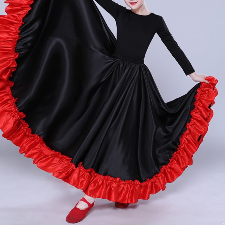 YONGHS Girls Full Circle Long Ankle Length Belly Dance Skirts Mexican  Spanish Flamenco Costume Black 5-6 - Walmart.com