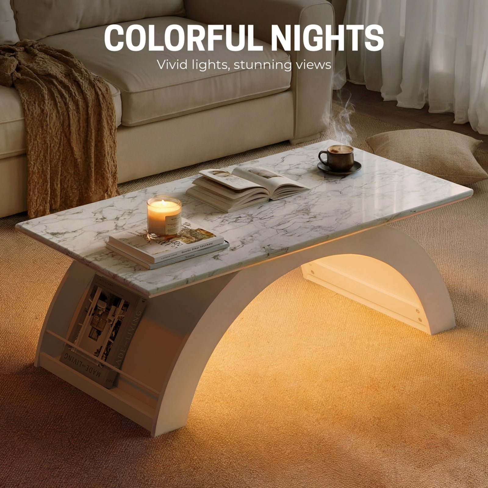 Coffee Tables for Living Room, 45" Marble Coffee Table with RGB Strip, Smart Coffee Table with Storage for Living Room/Dining Reception