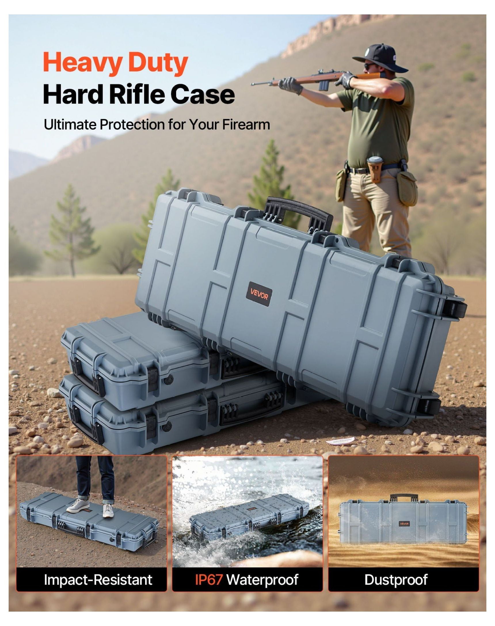 Rifle Case Lockable with Wheels, 40in Gun Storage, Waterproof Hard Case for Rifles Shotguns, Pre-Cut Foam Interior, Portable Pistol Case - Grey