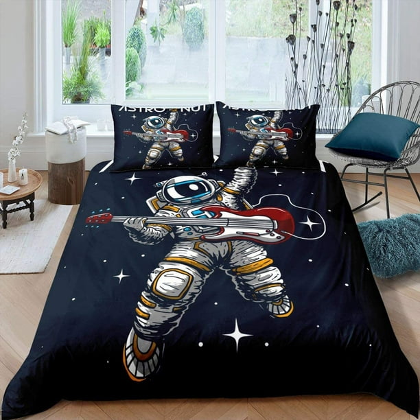 Child Cartoon Astronaut Duvet Cover Guitar Bedding Set King Teen Boys Kids Galaxy Stars Out Space Pattern Comforter Cover Rock Music Theme Cover With Zipper And Pillow Sham Soft Navy Blue -