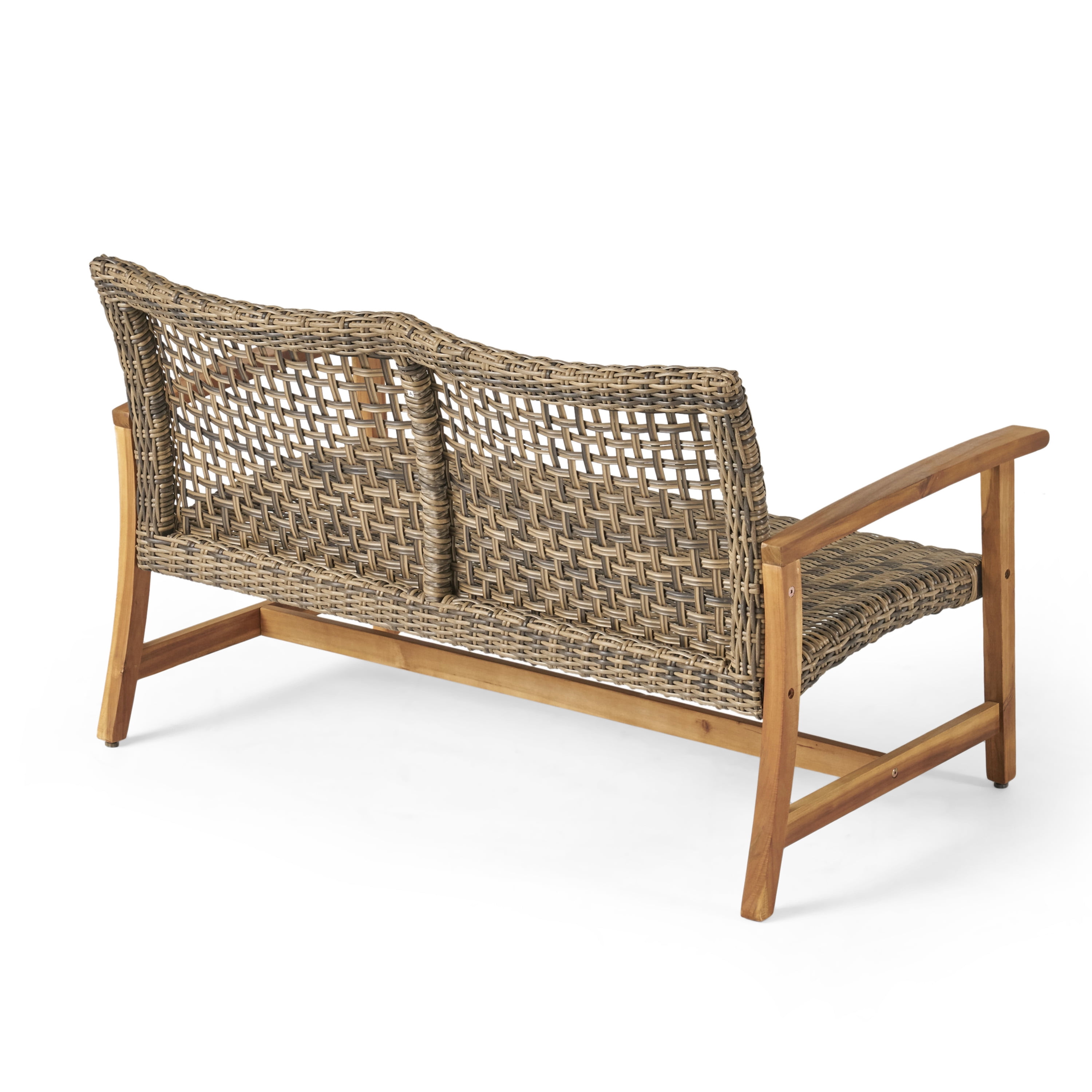 Outdoor Wicker Loveseat 52 Inch, Acacia Wood Patio Sofa with Iron Frame, Woven Seat Conversation Set for Backyard and Garden, Natural and Grey
