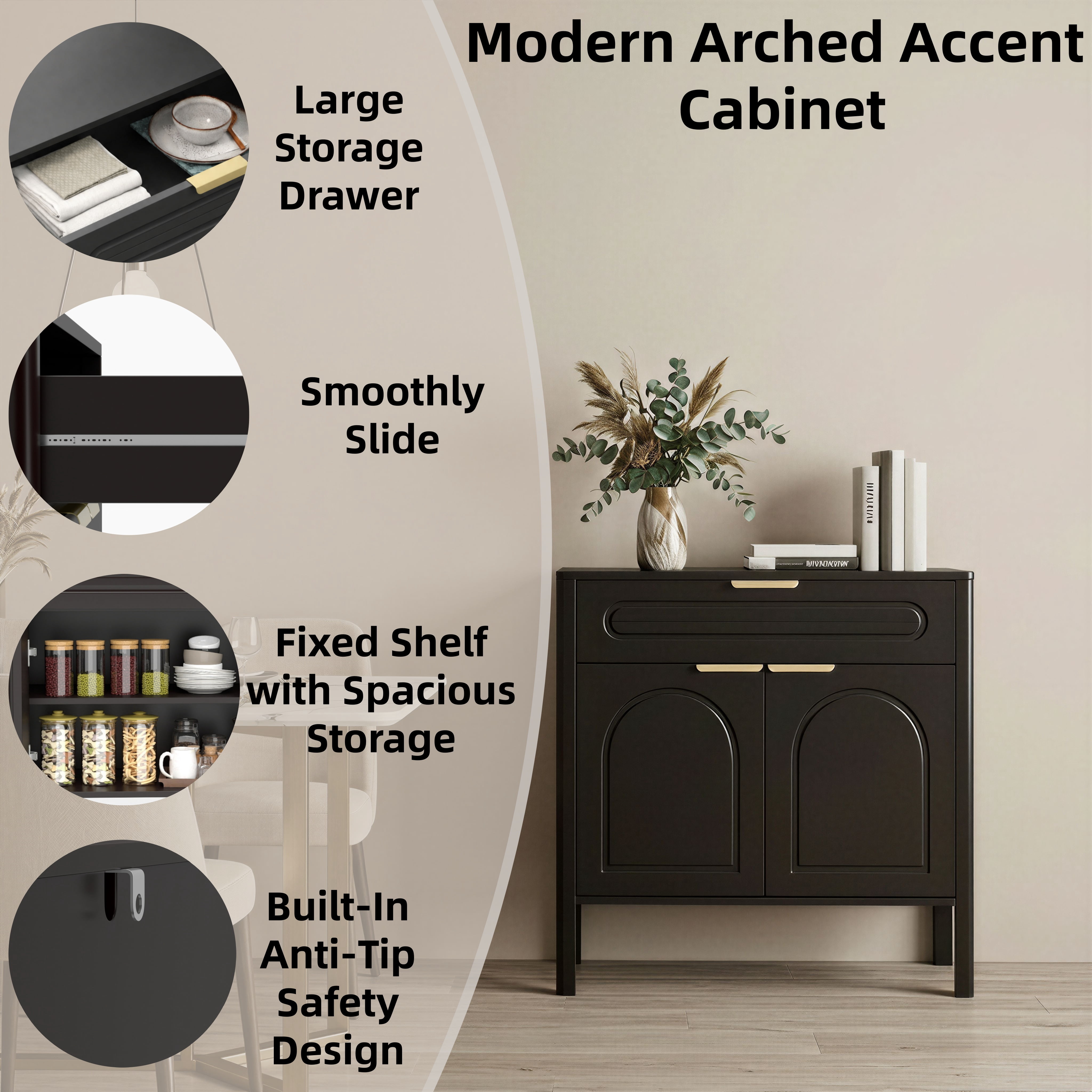 GARITIN Arched Accent Storage Cabinet 29.5 Inch, Freestanding Sideboard Buffet with Drawer and Gold Metal Handles for Entryway Living Room, Black