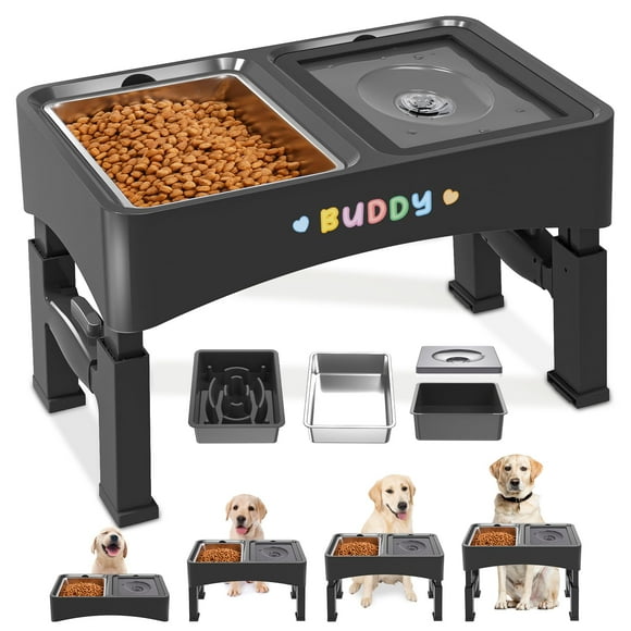 Decflow Bols Surélevés 3-en-1 pour Chiens, 4 Hauteurs Réglables avec Acier Inoxydable, Distributeur Lent, Bol d'Eau Anti-Débordement, Autocollants DIY Pliable pour Chiens Moyens et Grands