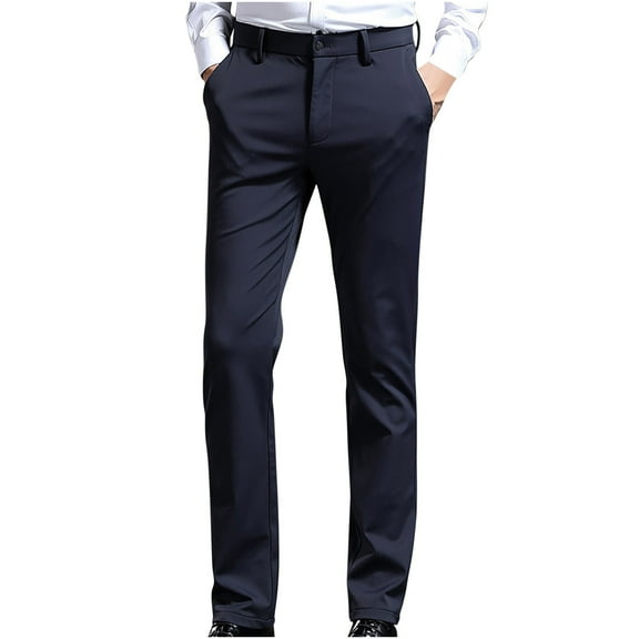 HOOMEUMY Men's Classic Fit Stretch Padded Straight Leg Dress Pants with Zipper Pockets Business Office Trousers Blue 38