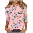 thumbnail image 3 of Économies d'Été en Liquidation! Hauts Fatuov pour Femmes Imprimé Floral Décontracté Col Rond Manches 3/4 Chemises Blouses Roses, 3 of 4