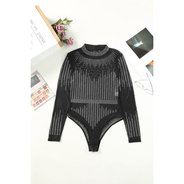 ABPHQTO Body de manga larga de malla transparente con diamantes de imitación negros para mujer