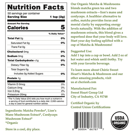 Cherie Sweet Heart Matcha & Mushroom, Organic Matcha Latte Powder Drink Mix, Great Substitute for Coffee, Non-GMO, Vegan, Gluten-Free, 3.5 Ounce Bag
