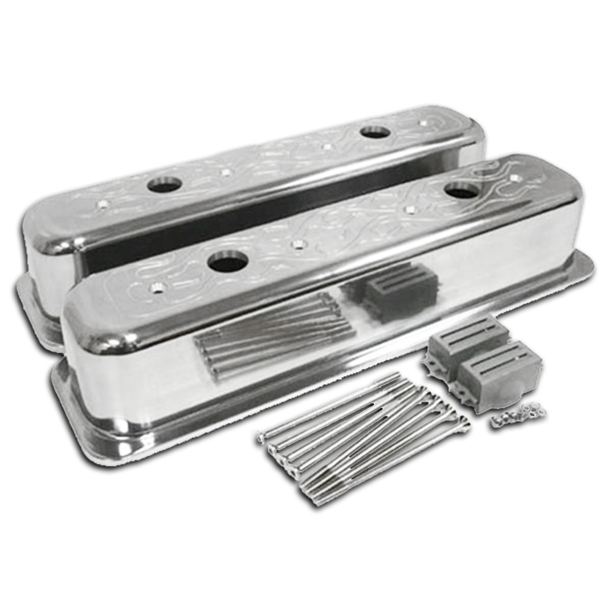 198797 Chevy 5.0L & 5.7L Tall Polished Aluminum Center Bolt Valve Covers Flamed