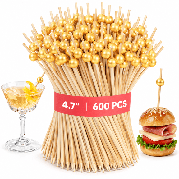 600 Pcs Gold Pearl Cocktail Picks, 4.7 Inch Bamboo Toothpicks for Appetizers and Drinks