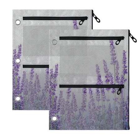 Wobogo Lavender Bushes 3 Ring Binder Pencil Pouch 2 Pack Zipper Binder Pencil Case with Clear Window for Classroom Office Supplies