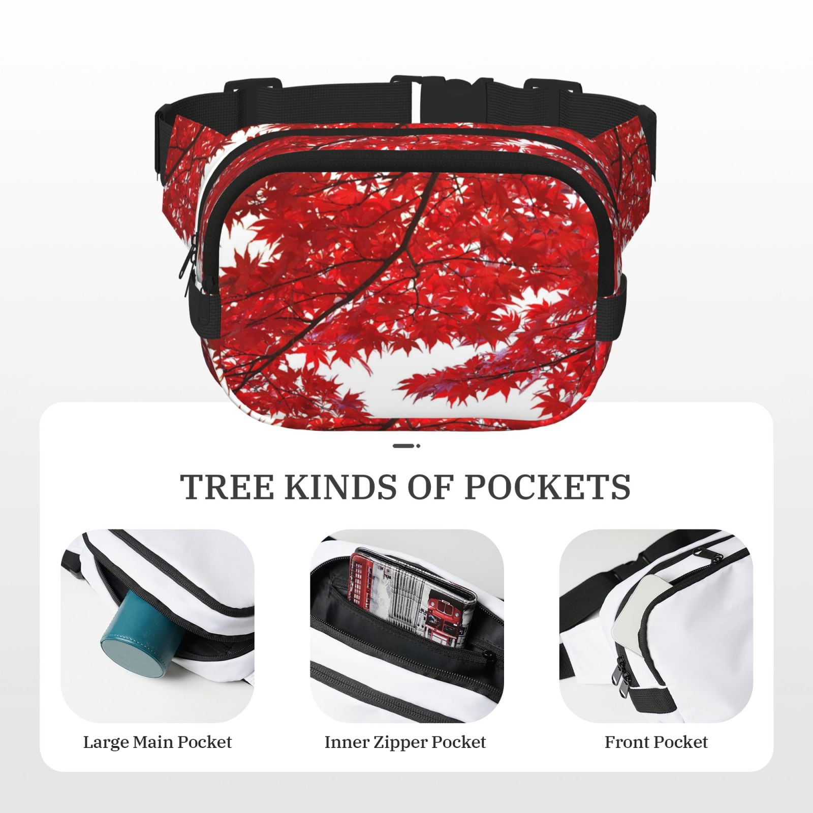 Picia Red Maple Leaf Print Square Double-Layer Waist Bag Mini Adjustable Waist Belt Bag Exercise Running Travel Hiking