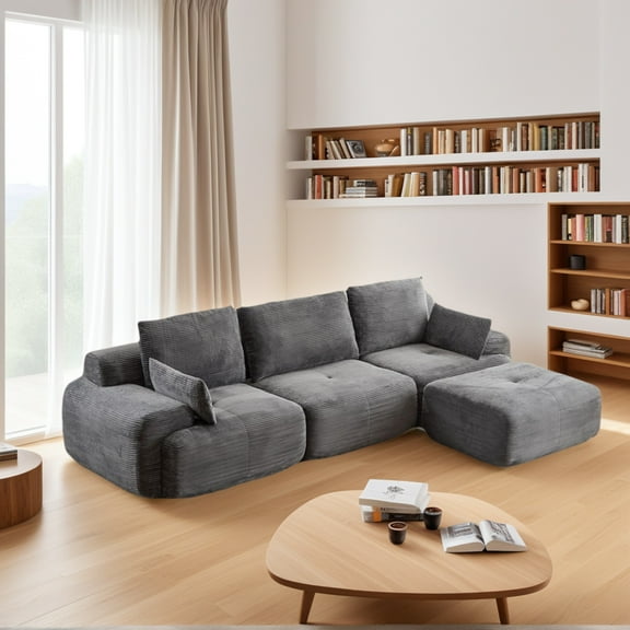 Weetoo 3-Seater Sectional Sofa , Corduroy Upholstery Sleeper Loveseat Large Couches with Pillows