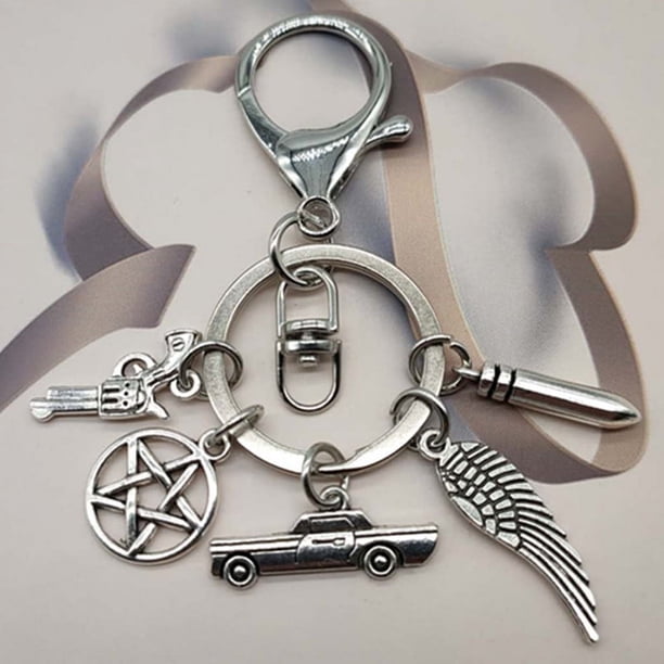 Llavero de metal con forma de bala de pistola y pentagrama sobrenatural para coche