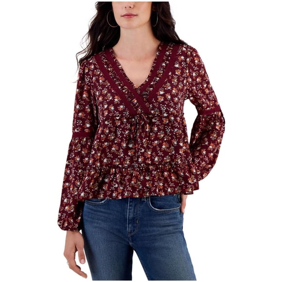 PLANET HEART Womens Crochet Trimmed Surplice Tiered Baby Doll Blouse, mediumred, Juniors, XS