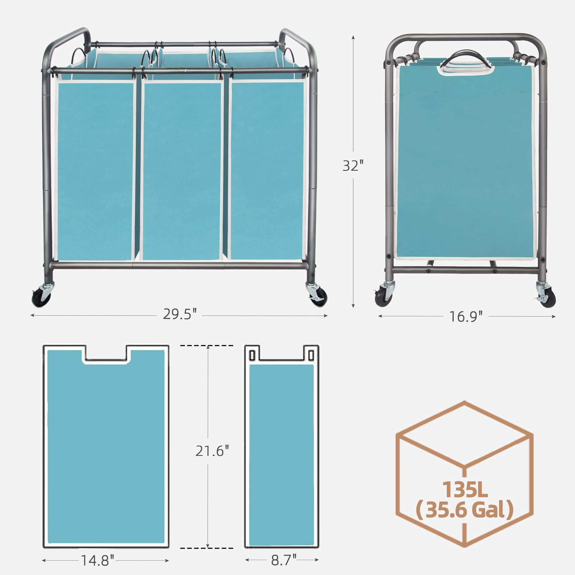 Laundry Sorter 4 Section, 47.8 Gal (181 L) Laundry Hamper with Wheels, Clothes Divider Basket Sorter, Clothes Separator Hamper Cart with Wheels and Removable Bags, Black