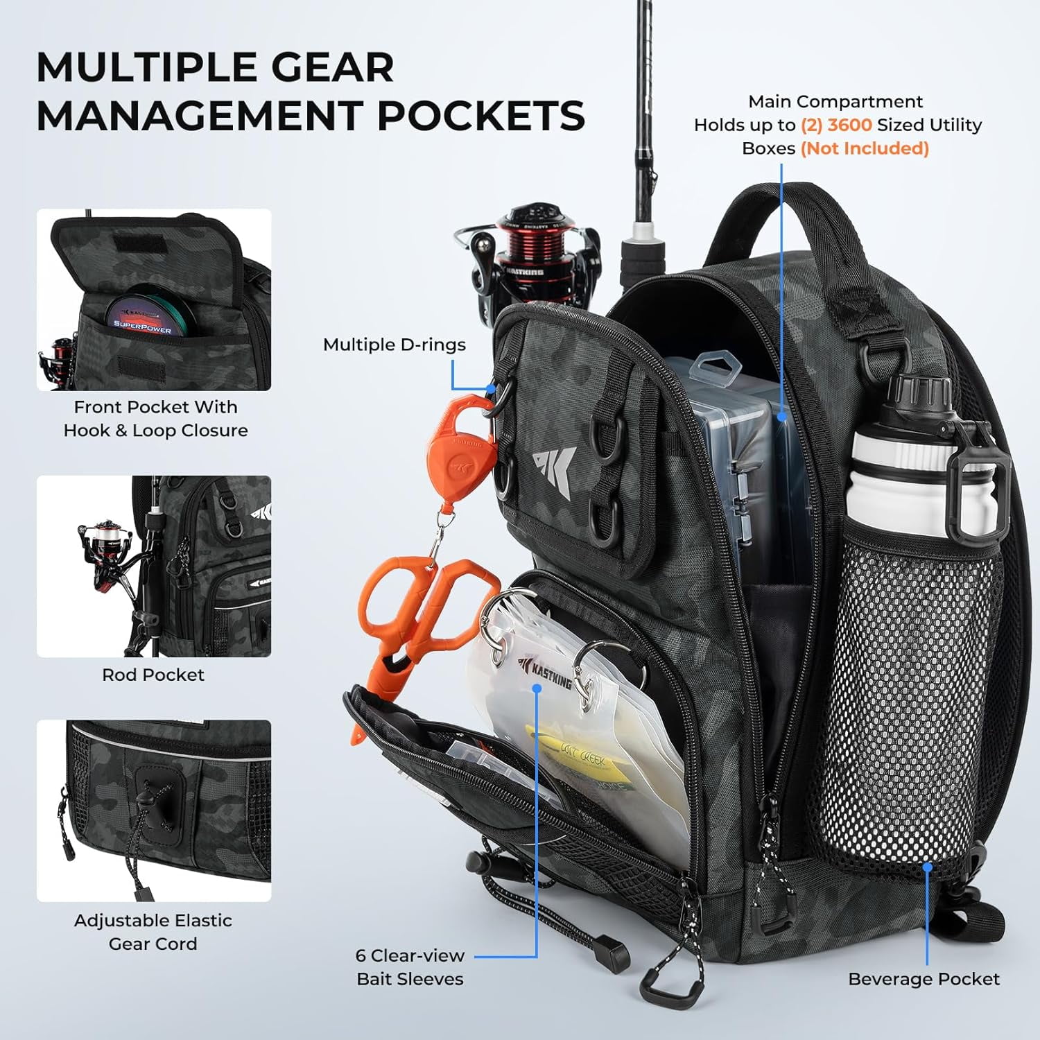 KastKing Fishing Sling Bag, Fishing Backpack with Rod & Beverage Holder, Tackle Bag for Fishing Gear- BaitSpace