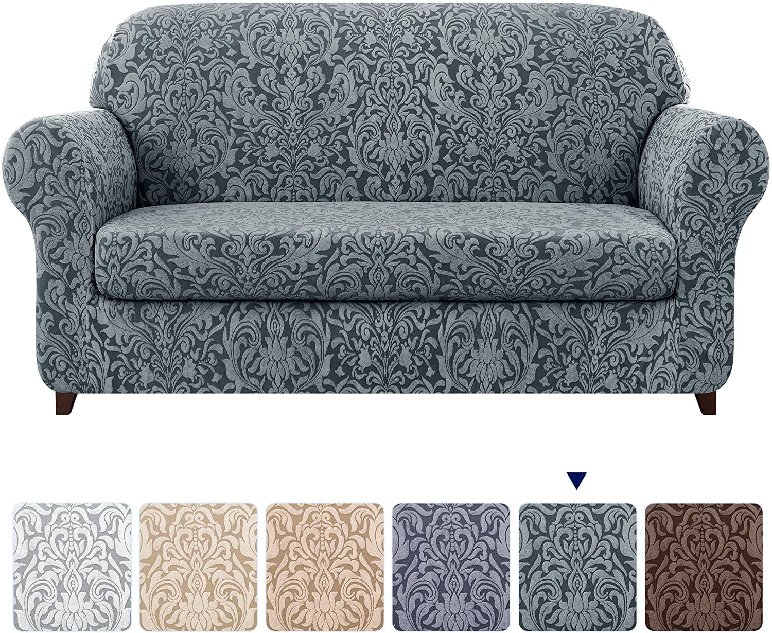 Subtrex Stretch 2Piece Jacquard Damask XLarge Sofa Slipcover, Grayish