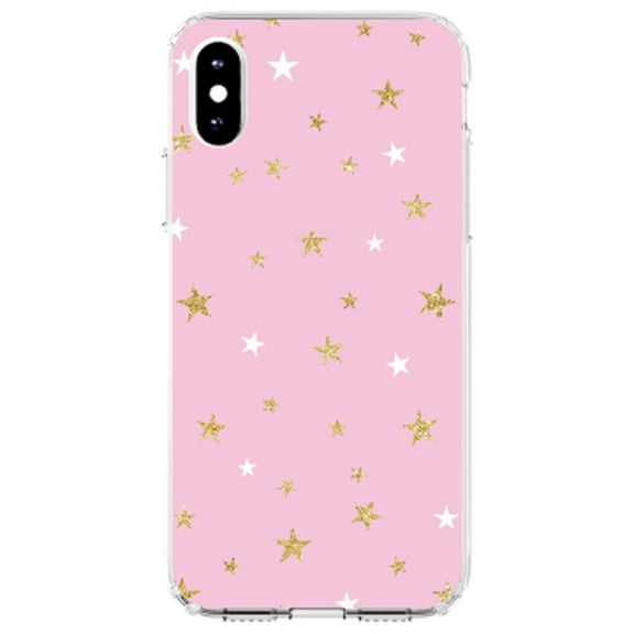 DistinctInk Clear Shockproof Hybrid Case for iPhone XS Max (6.5" Screen) - TPU Bumper, Acrylic Back, Tempered Glass Screen Protector - Pink & Gold Print - Stars Pattern