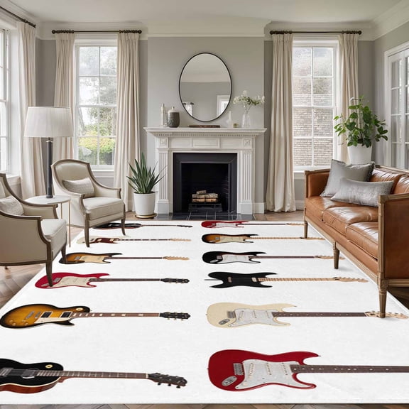 Large Area Rugs for Living Room Bedroom, Music 8'x10' Rug Washable Carpet Runner Indoor Outdoor, Red Beige Guitar Modern Art Non Slip Floor Mats Rug for Kitchen, Patio