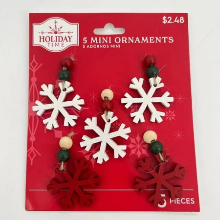 Red & White Wooden Snowflake Mini Ornaments, 5 Count, by Holiday Time