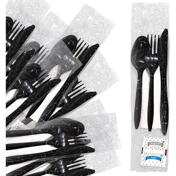 Stock Your Home Plastic Cutlery Packets with Salt & Pepper in Black (250 Count) Individually Wrapped Cutlery