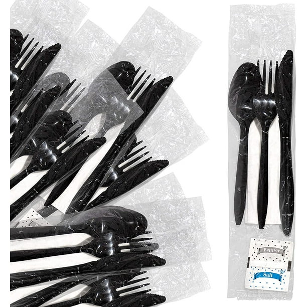 Stock Your Home Plastic Cutlery Packets with Salt & Pepper in Black
