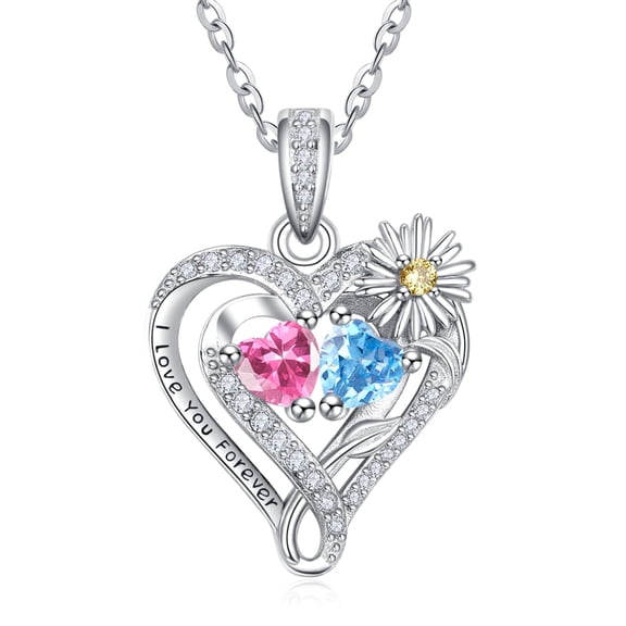 TANGPOET Sterling Silver Daisy Heart Necklaces Pendant Jewelry Tourmaline Topaz October December Birthstone Necklace Anniversary Jewelry Gifts for Women