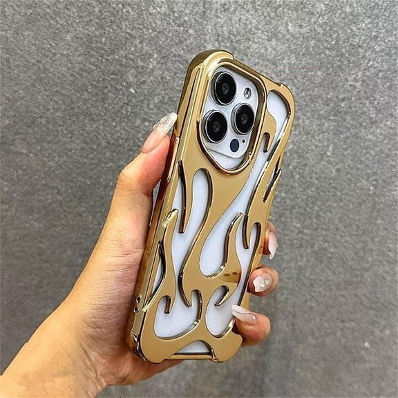 Case for iPhone 16 Pro,Luxury Electroplate Glossy Flame Shape Hollow Heat Dissipation Fashion Unique Protection Shockproof Women Girls Phone Case for iPhone 16 Pro,6.3 inch 2024 (Gold)
