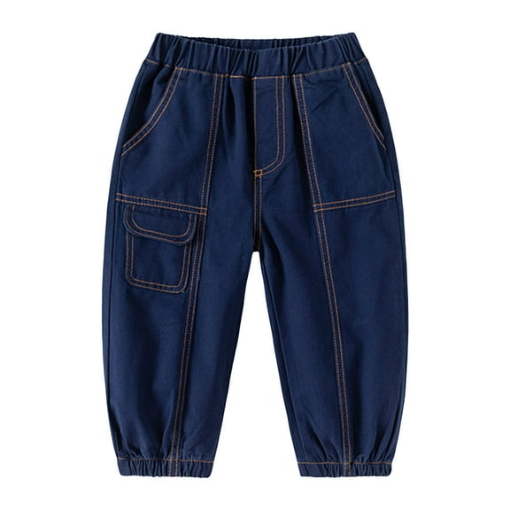 Gibobby Boy's Elastic High Waisted Jeans Straight Wide Leg Denim Pants Casual Baggy Jeans(Navy,5-6 Years)