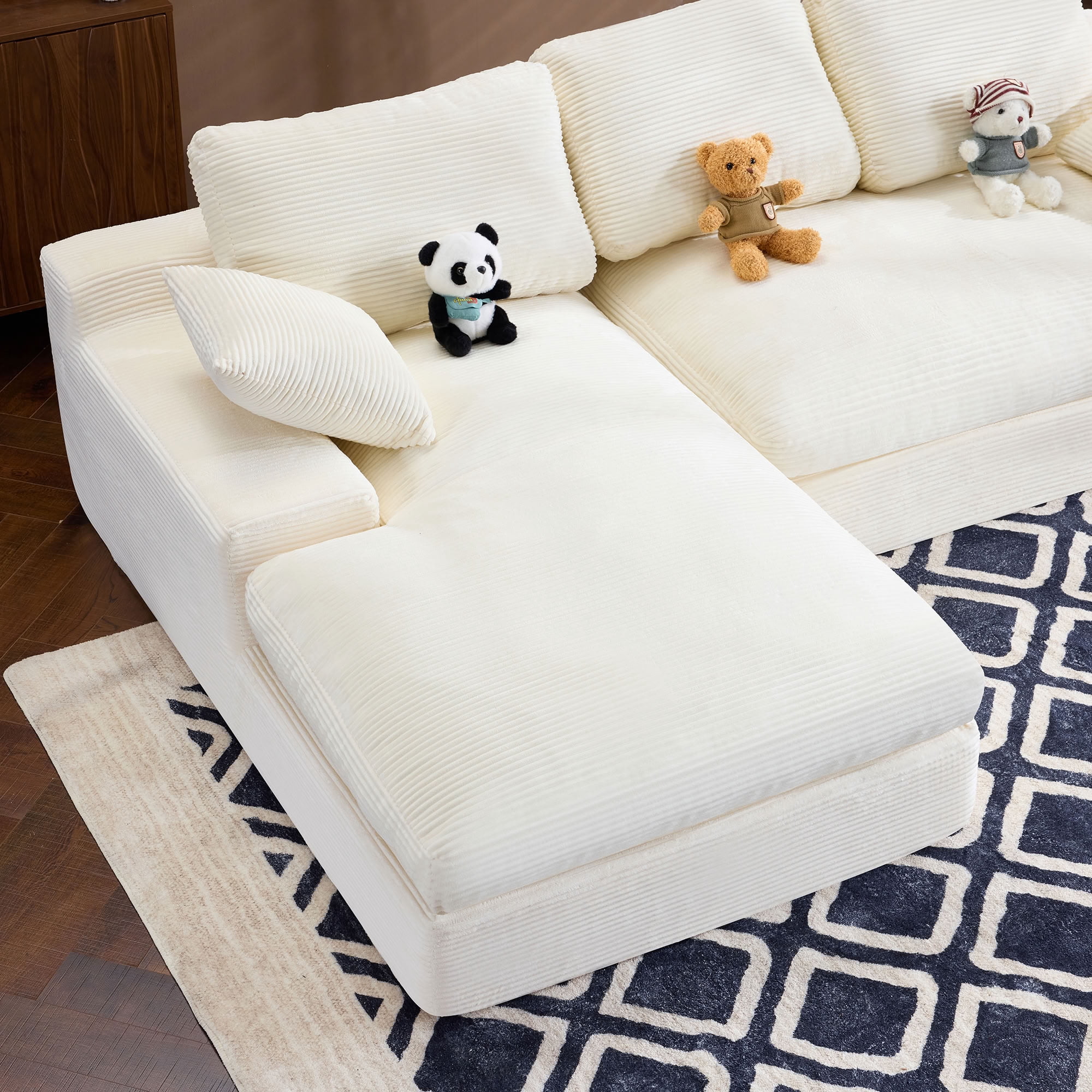 MAYEERTY L-Shaped Corduroy Sectional Sofa with Chaise Lounge, Compressed No-Assembly Couch with 3 Back Cushions & 2 Throw Pillows, for Apartment Living Room Small Spaces
