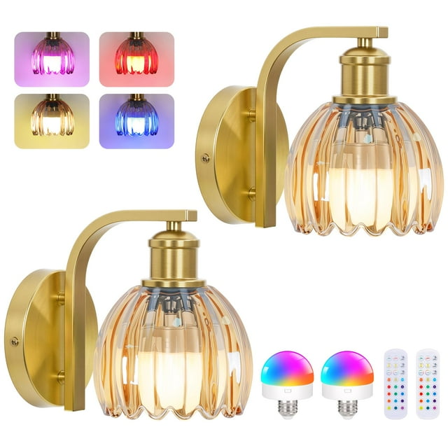 Lámpara de pared VerRon, juego de 2 unidades, de vidrio ámbar, inalámbrica, 15 colores