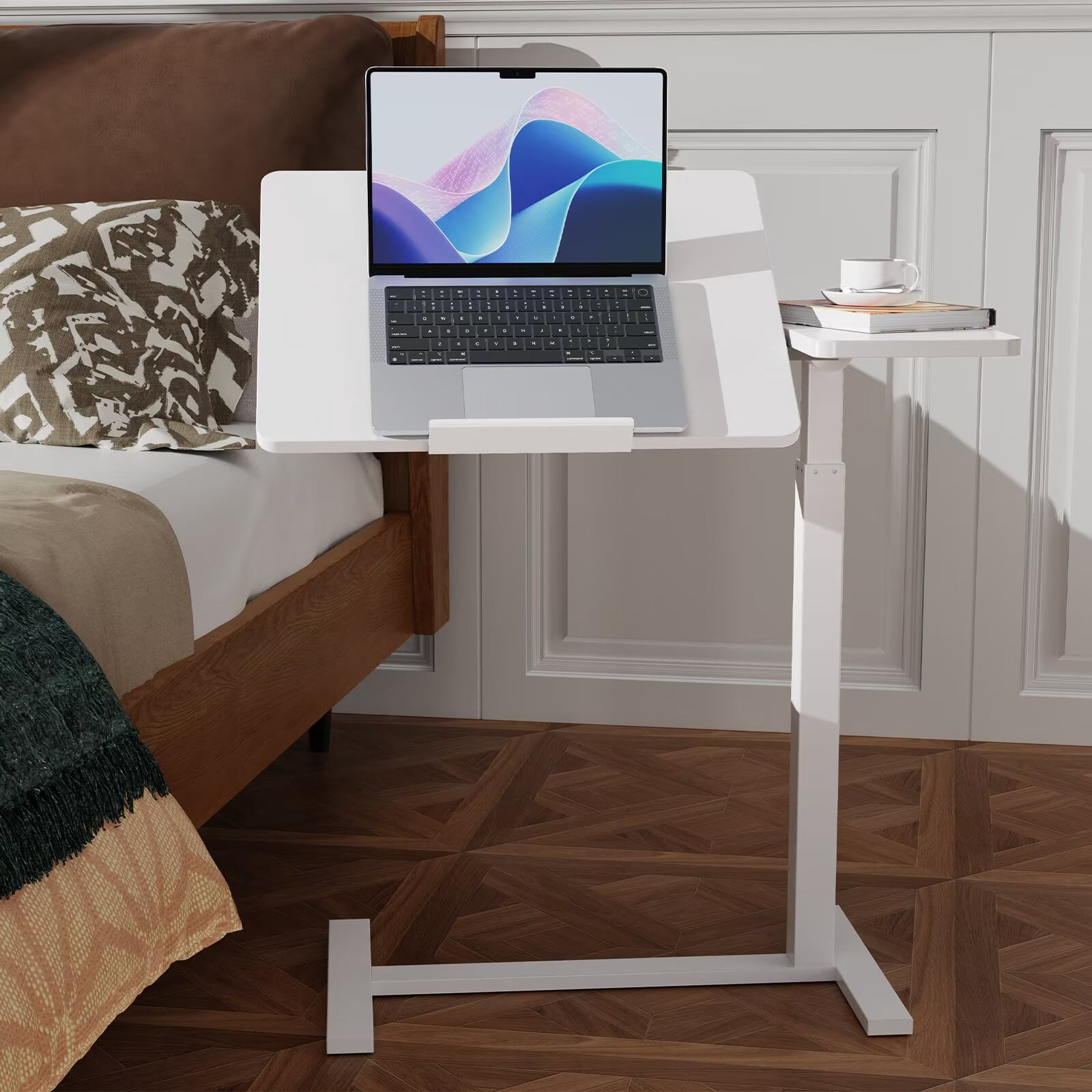 Simple Deluxe Overbed Bedside Table with Hidden Casters, Height Adjustable Desk with Tilting Top, Mobile Rolling Laptop Desk, Standing Rolling Desk Hospital Home Use, White