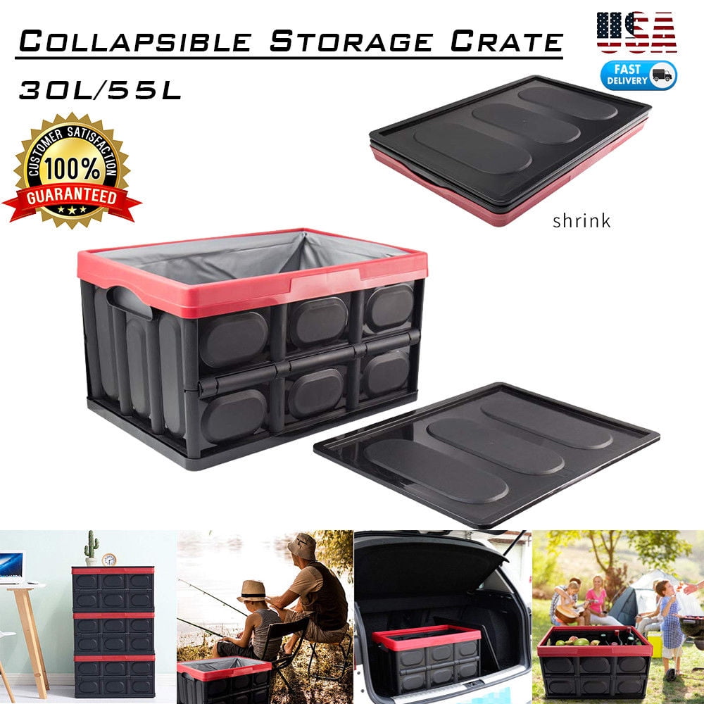 Size : 55L Ship from US Qinhum 30L/55L Collapsible Plastic Storage Box Durable Stackable Folding Utility Crates with Lid Black Color 