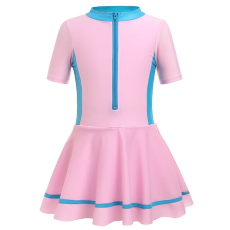 IBTOM CASTLE Kids Girls Short Sleeve Swimsuit Summer One Piece Swim Dress with Boyshorts Beach Rash Guard Bathing Suit Swimwear 9-10 Years Pink