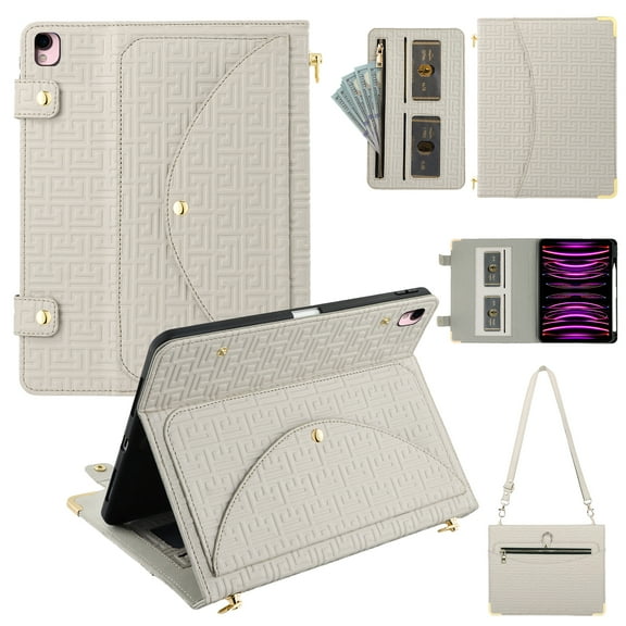 Dteck Handbag Case for iPad 9th/8th/7th Generation 2021/2020/2019 10.2 Inch with Pencil Holder, Folio Stand PU Leather Crossbody Shoulder Hand Strap Card Pockets Magnetic Envelope Wallet Cover, Beige