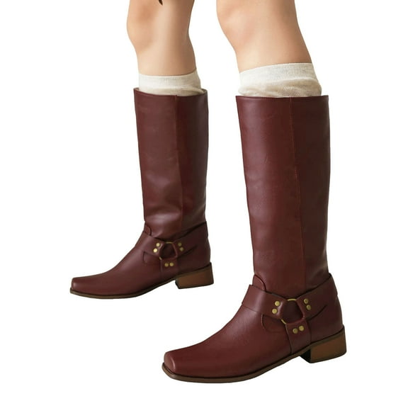 Vintage Mid Calf Cowboy Boots for Women Classic Buckle Leather Square Toe Low Heel Motorcycle Riding Cowgirl Boots