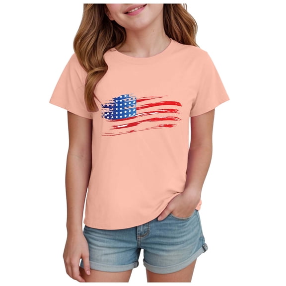 Qopobobo Toddler Undershirts Unisex Kids 4th of July T-Shirts, Boys Girls American Flag Cotton Short Sleeve Crewneck Tshirt Patriotic Graphic Tee USA Flag Stripes Tops Light Pink,5-6 Years