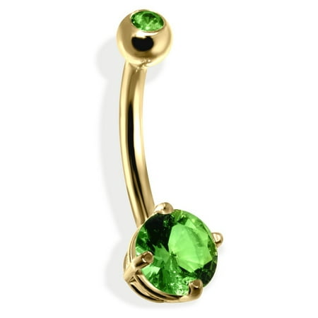 - 14K Gold Double Jeweled Belly Ring, Peridot,14K Yellow Gold