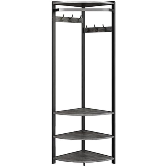 Space-Saving Corner Hall Tree with Shoe Bench, 6 Double Hooks & Storage Shelf, Multi-Purpose Entryway Corner Coat Rack Organizer for Hallway, Entryway, Rustic Gray