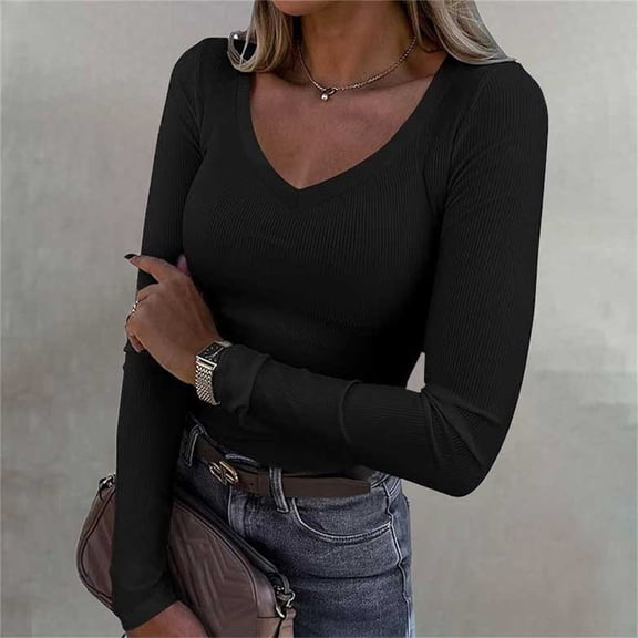 Pxiakgy Hot Sale!! Womens Long Sleeve V Neck Ribbed Knit Fitted Casual Tops Tee Slim Basic Shirt Womens Long Sleeve V Neck Ribbed Knit Casual Tops Tee Slim Basic Shirt Black L