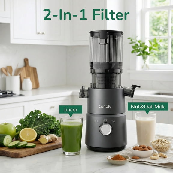 Canoly C03 Cold Press Juicer-200W Powerful AC Motor 4.5" Wide Feed Chute, Fruits Batch Juicing, Quiet Slow Juicing, BPA-Free, Easy Clean, Black