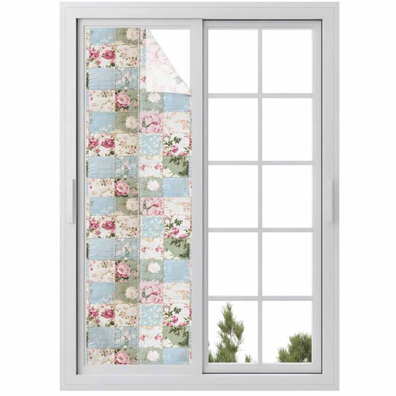 Green Blue Pink Botanical Window Privacy Film, Spring Floral Vintage Static Cling UV Sun Blocking Heat Control Window Tint Day and Night, Non-Adhesive One Way Windows Privacy Cover 17.7''x78.7''