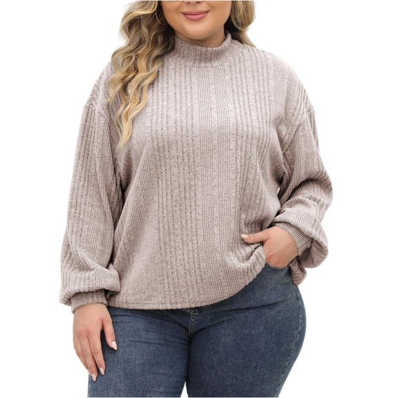 dGslk Plus Size Womens Long Sleeve Knitted Pullover Sweater Loose Fit Crewneck Ribbed Casual Top for Autumn Winter Fashion Beige L
