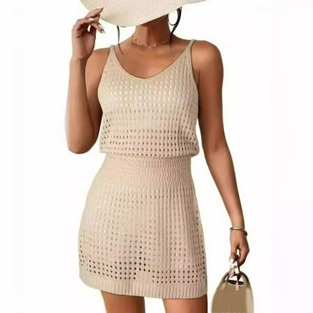 QIUYI Women Beach Cover-Up Mini Crochet Dress Swimwear Casual Summer Shoulder Straps Sleeveless Short Cover Up Bikini Swimsuit