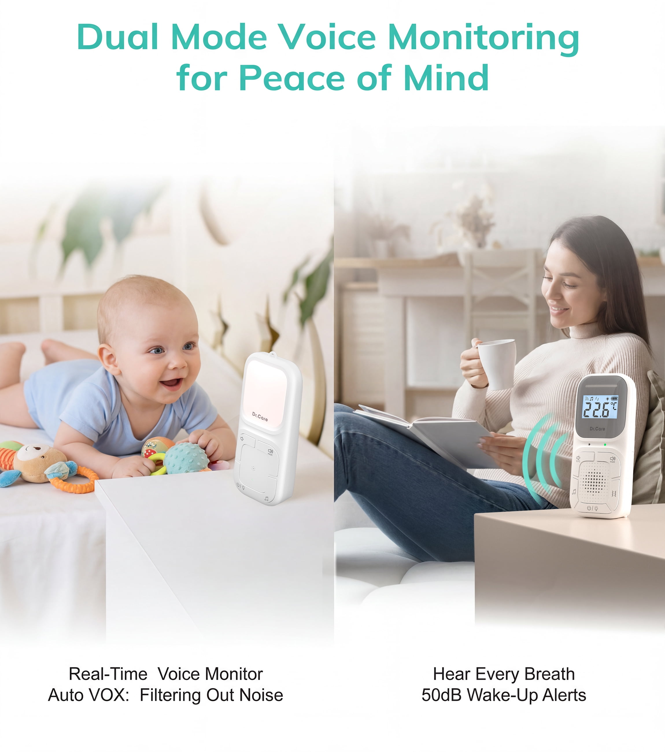 Dr.Care Portable Digital Audio Baby Monitor Built-in Nightlight , Hanging Cord 1000ft Range ABM002