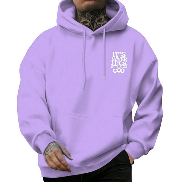 LUOGENLI Mens Hoodies Pullover Funny Mens Fashion Casual Letter Part Print Hooded Pullover Long Sleeve Drawstring Hooded Sweater Tops Hoodies for Men Cotton Purple Size M